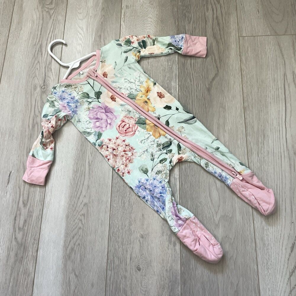 Posh Peanut One-Piece Footie bamboo floral pastel baby Blue (size 3-6 months)
